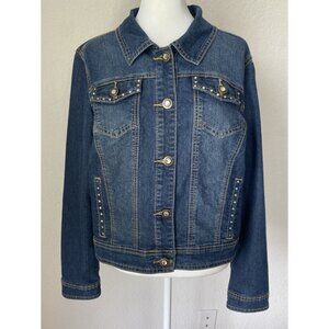 Blue Identity Denim Jacket Large Rhinestone Studded Button